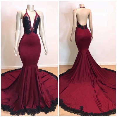 Wine Red Maroon V-neck Halter Lace Appliques Long Elegant Trumpt Evening Dress UKes UK_2