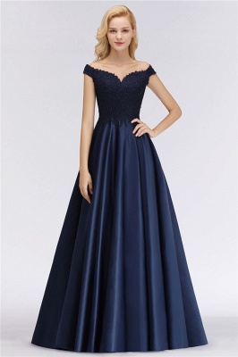 Off-the-Shoulder Navy Blue Satin Long Bridesmaid Dresses