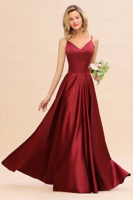 Spaghetti Straps Burgundy Satin Long Bridesmaid Dress Simple V-Neck Party Dress_1