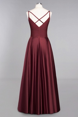 Spaghetti Straps Burgundy Satin Long Bridesmaid Dress Simple V-Neck Party Dress_11