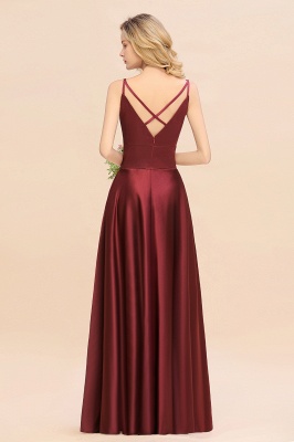 Spaghetti Straps Burgundy Satin Long Bridesmaid Dress Simple V-Neck Party Dress_3