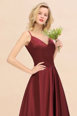 Spaghetti Straps Burgundy Satin Long Bridesmaid Dress Simple V-Neck Party Dress_8