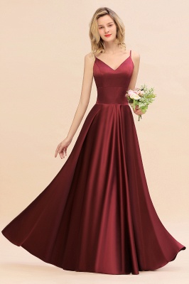 Spaghetti Straps Burgundy Satin Long Bridesmaid Dress Simple V-Neck Party Dress_5