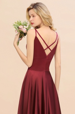 Spaghetti Straps Burgundy Satin Long Bridesmaid Dress Simple V-Neck Party Dress_9