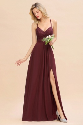 Exquisite Burgindy V-Neck Lace Side Split Long Bridesmaid Dresses_3