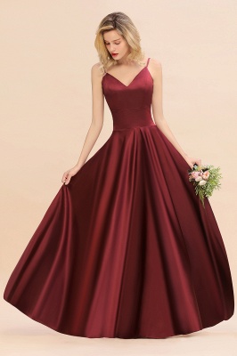 Spaghetti Straps Burgundy Satin Long Bridesmaid Dress Simple V-Neck Party Dress_6