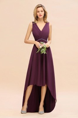 Elegant Grape Hi-Lo Chiffon Bridesmaid Dress with Beadings Sash_1