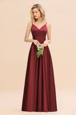 Spaghetti Straps Burgundy Satin Long Bridesmaid Dress Simple V-Neck Party Dress_4