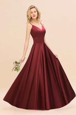 Spaghetti Straps Burgundy Satin Long Bridesmaid Dress Simple V-Neck Party Dress_7