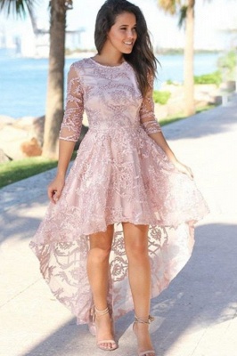 Lace Sleeves Hi-lo Cheap Evening Dresses UK | Sexy Beaded Pink Formal Dresses Online_1