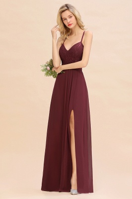 Exquisite Burgindy V-Neck Lace Side Split Long Bridesmaid Dresses_5