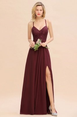 Exquisite Burgindy V-Neck Lace Side Split Long Bridesmaid Dresses_6