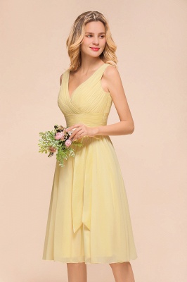 Elegant Daffodil Short Bridesmaid Dress V-Neck Sleeveless Chiffon Wedding Party Dress_9