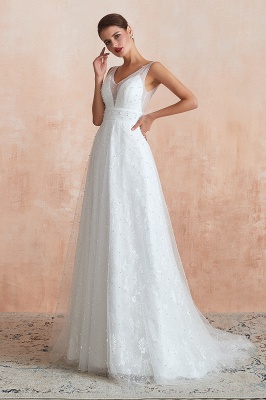 White V-neck Beach Wedding Dress Sleeveless Floor Length ALine Bridal Dress_11