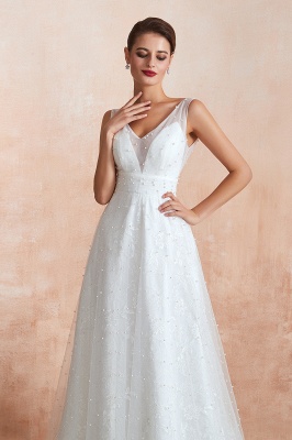 White V-neck Beach Wedding Dress Sleeveless Floor Length ALine Bridal Dress_7