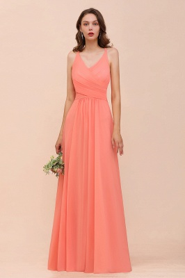 Coral Bridesmaid Dress Ruffle Chiffon V-Neck Long Wedding Guest Dress_1