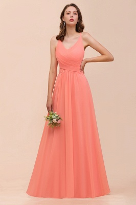 Coral Bridesmaid Dress Ruffle Chiffon V-Neck Long Wedding Guest Dress_6