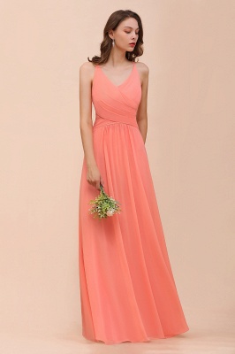 Coral Bridesmaid Dress Ruffle Chiffon V-Neck Long Wedding Guest Dress_7