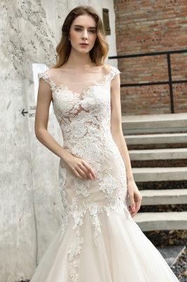 Scoop Neck Floral Lace Mermaid Bridal Dress Sleeveless Long Tulle Wedding Dress_6