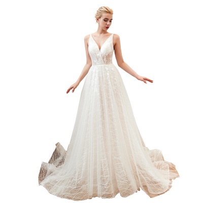 Chic Deep V-neck White Tulle Princess Wedding Dress_19