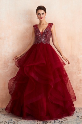 Deep V-Neck Burgundy Layers Tulle Long Evening Dress Sparkly Beadings Sequins Party Dress_4