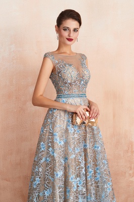 Charming Scoop Neck Cap Sleeves Flower Aline Evening Dress Beadings Floor Length Special Occasion Dress_7