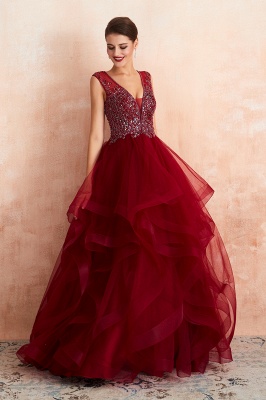 Deep V-Neck Burgundy Layers Tulle Long Evening Dress Sparkly Beadings Sequins Party Dress_7