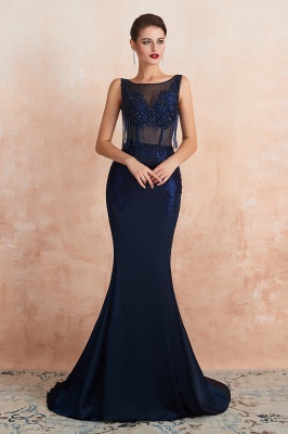 Gorgeous Jewel Neck Navy Beadings Mermaid Evening Gown Sparkle Sequins Long Prom Dresses with Tassels_6