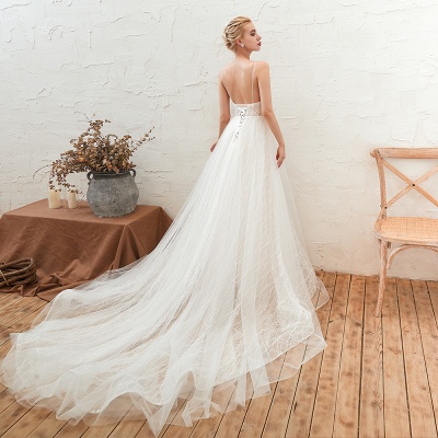 Chic Deep V-neck White Tulle Princess Wedding Dress_8