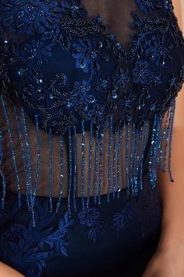 Gorgeous Jewel Neck Navy Beadings Mermaid Evening Gown Sparkle Sequins Long Prom Dresses with Tassels_9