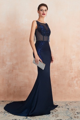 Gorgeous Jewel Neck Navy Beadings Mermaid Evening Gown Sparkle Sequins Long Prom Dresses with Tassels_5