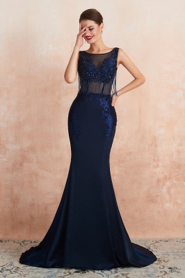 Gorgeous Jewel Neck Navy Beadings Mermaid Evening Gown Sparkle Sequins Long Prom Dresses with Tassels_7