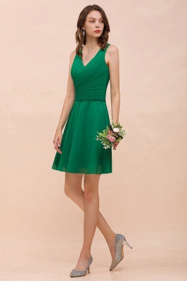 Chic Green Ruched Chiffon Short Bridesmaid Dress Sleeveless V-Neck Knee Length Wedding Party Dress_6