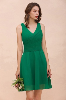 Chic Green Ruched Chiffon Short Bridesmaid Dress Sleeveless V-Neck Knee Length Wedding Party Dress_9