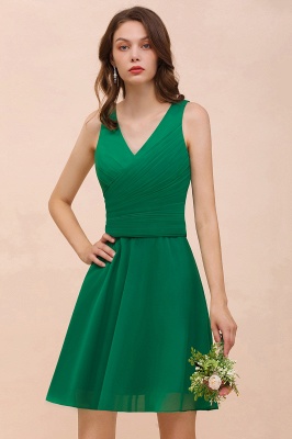 Chic Green Ruched Chiffon Short Bridesmaid Dress Sleeveless V-Neck Knee Length Wedding Party Dress_7