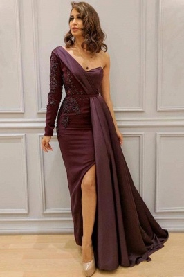 One-shoulder One-sleeve Appliqued Sheath Slit Evening Dresses_1