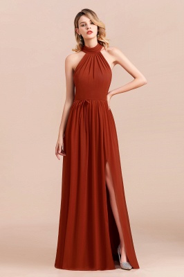 Elegant Halter Long Rust Bridesmaid Dresses with Front Slit_1