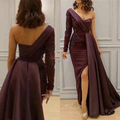 One-shoulder One-sleeve Appliqued Sheath Slit Evening Dresses_3