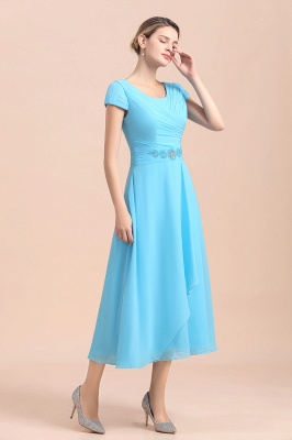 Blue Short Sleeves Chiffon Tea-Length Weddig Guest Dress_4