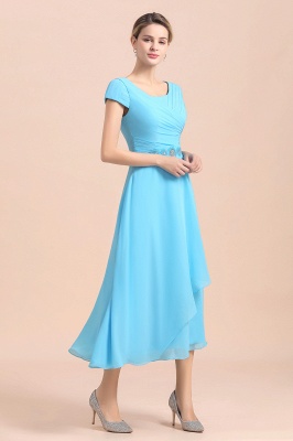 Blue Short Sleeves Chiffon Tea-Length Weddig Guest Dress_9