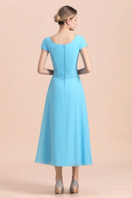 Blue Short Sleeves Chiffon Tea-Length Weddig Guest Dress_3