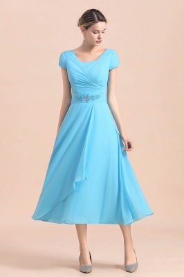 Blue Short Sleeves Chiffon Tea-Length Weddig Guest Dress_8