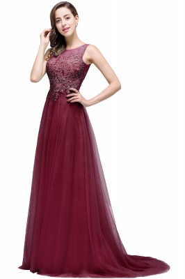 Stylish Scoop Neck Tulle Aline Evening Dress Floral Lace Long Bridesmaid Dresses Sleeveless_3