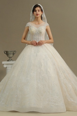 Cap Sleeve Aline Cathedral wedding dress Tulle Lace Appliques Garden Bridal Gown_1