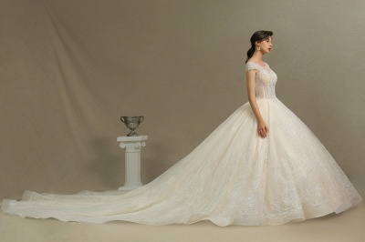 Cap Sleeve Aline Cathedral wedding dress Tulle Lace Appliques Garden Bridal Gown_6