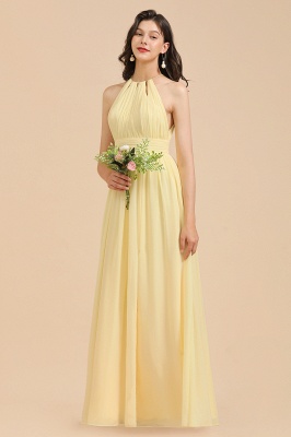 Halter Pleated Chiffon Daffodil Bridesmaid Dress Side Slit Long Wedding Party Dress_3