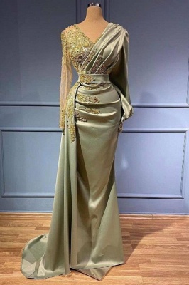 Elegant Satin V-neck Beads Long Sleeves Mermaid Evening Dress with Appliques_1