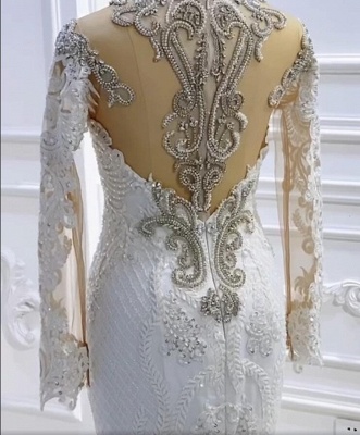 Gorgeous Scoop Neck Crystals Lace Mermaid Bridal Gown with Long Sleeves_4