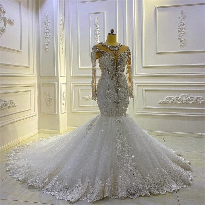 Gorgeous Scoop Neck Crystals Lace Mermaid Bridal Gown with Long Sleeves_2