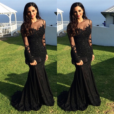 Long-Sleeve Tulle Black Applique Mermaid Elegant Evening Dress UKes UK BA3566_2